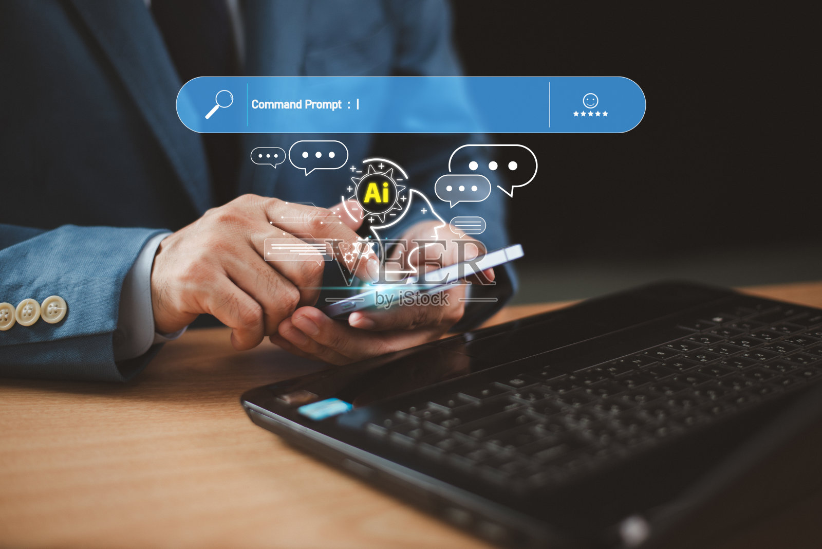 人工智能技术助力商业理念。商人连接机器人聊天AI，命令提示符产生未来的转变。人工智能技术援助。技术客服照片摄影图片