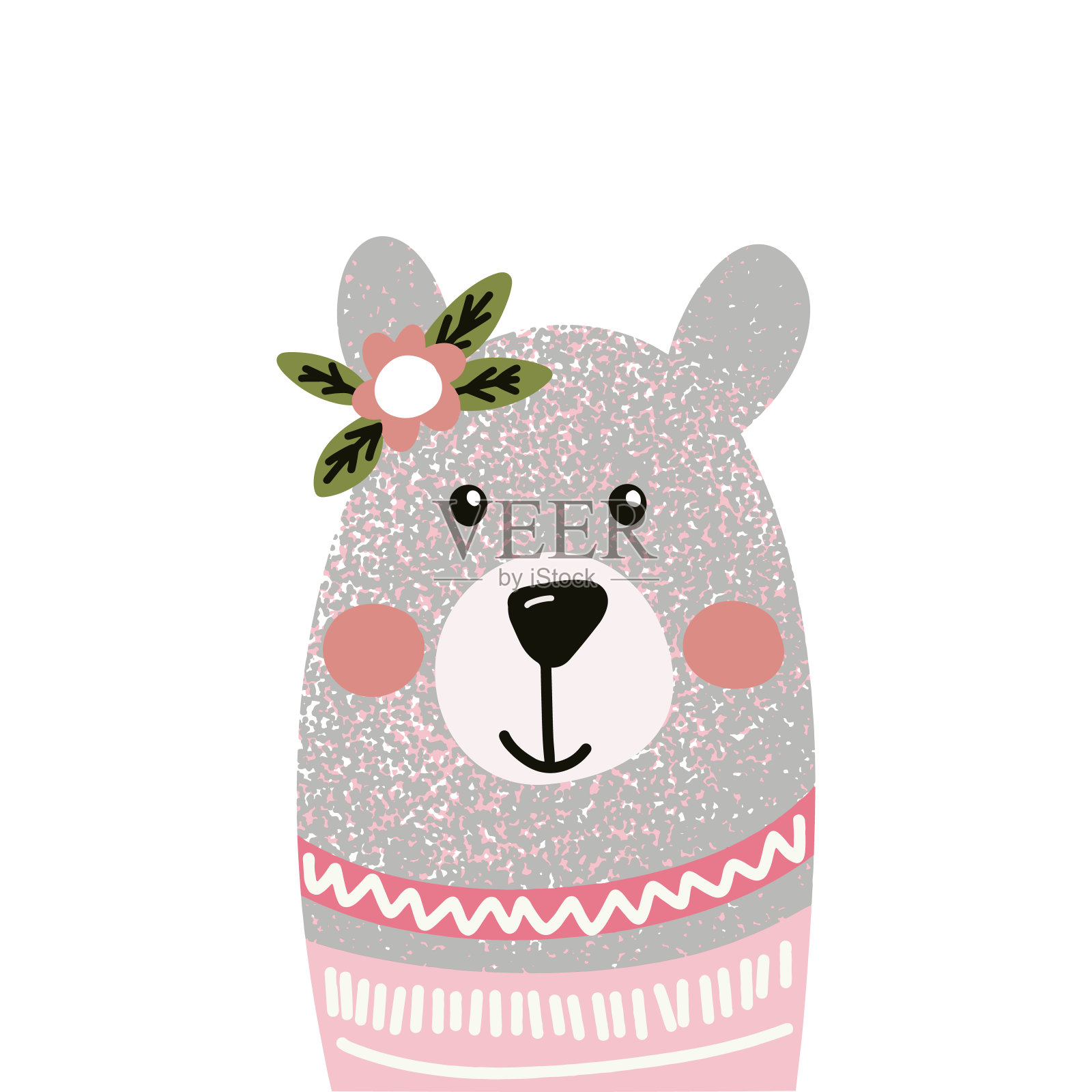 一头头上戴着一朵花的熊穿着一件粉红色的毛衣插画图片素材