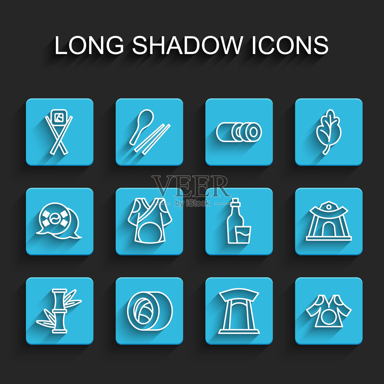 集竹，寿司，筷子，韩国门，和服，寺庙和烧酒瓶图标。向量插画图片素材