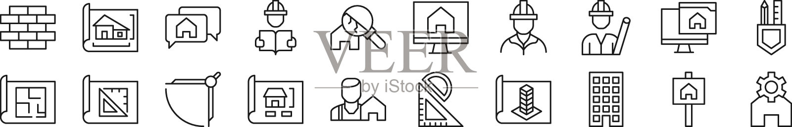 一组建筑物的线条图标。可编辑的中风。简单的提纲标志，网站，报纸，文章，书籍插画图片素材