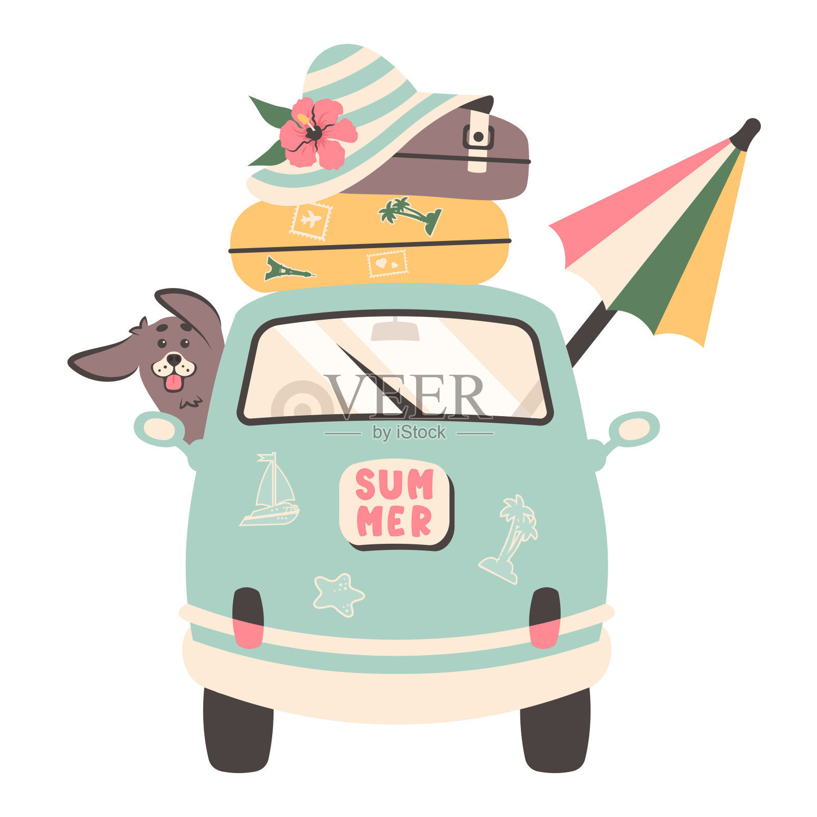 夏季旅行。家庭自驾游。汽车旅行和旅游旅行的概念。一家人带着行李箱、狗、沙滩伞、遮阳帽去海边旅行。家庭汽车去海滩。矢量图插画图片素材