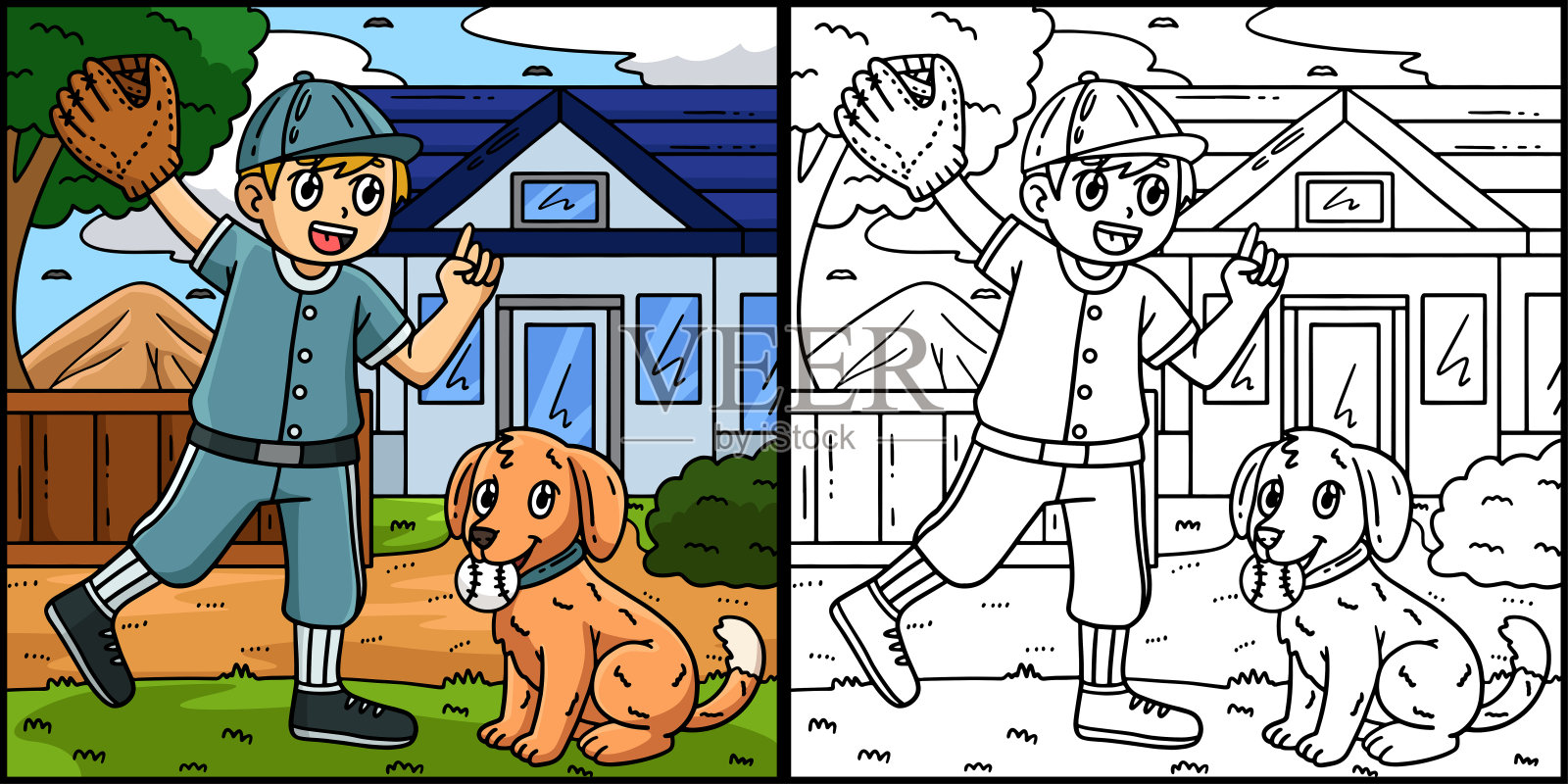 男孩和狗玩棒球着色插图插画图片素材