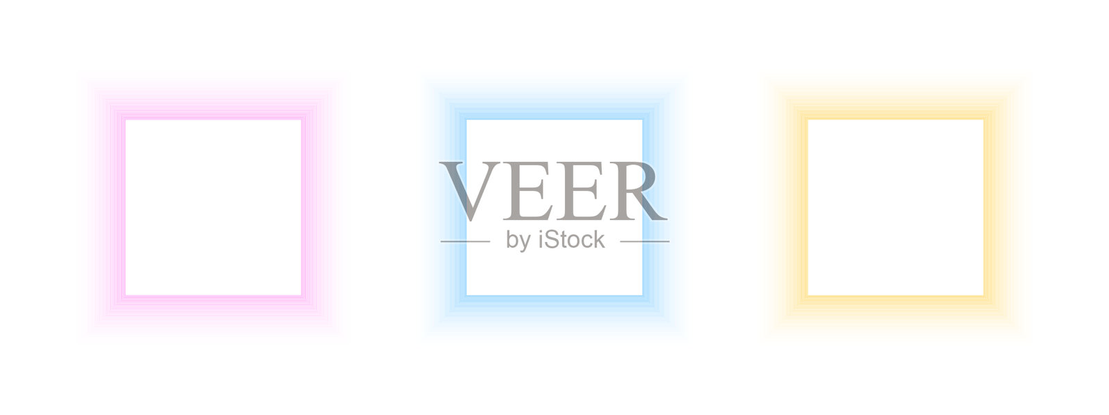 一组模糊的正方形框架。矩形与粉红色，蓝色和黄色的霓虹渐变边界隔离在白色背景。抽象的设计元素与空白的文字空间。矢量图插画图片素材