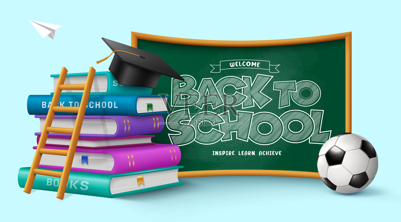 回到学校矢量设计。欢迎回到学校在绿色的黑板问候与教育书籍，梯子和足球的元素插画图片素材