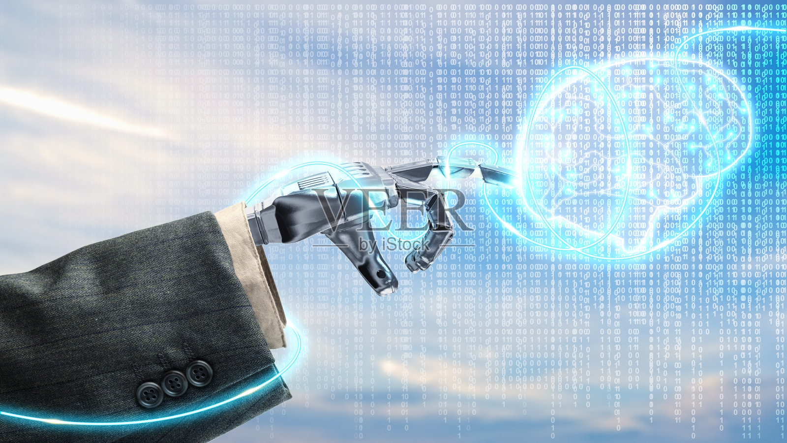 机器人手触摸虚拟大脑照片摄影图片