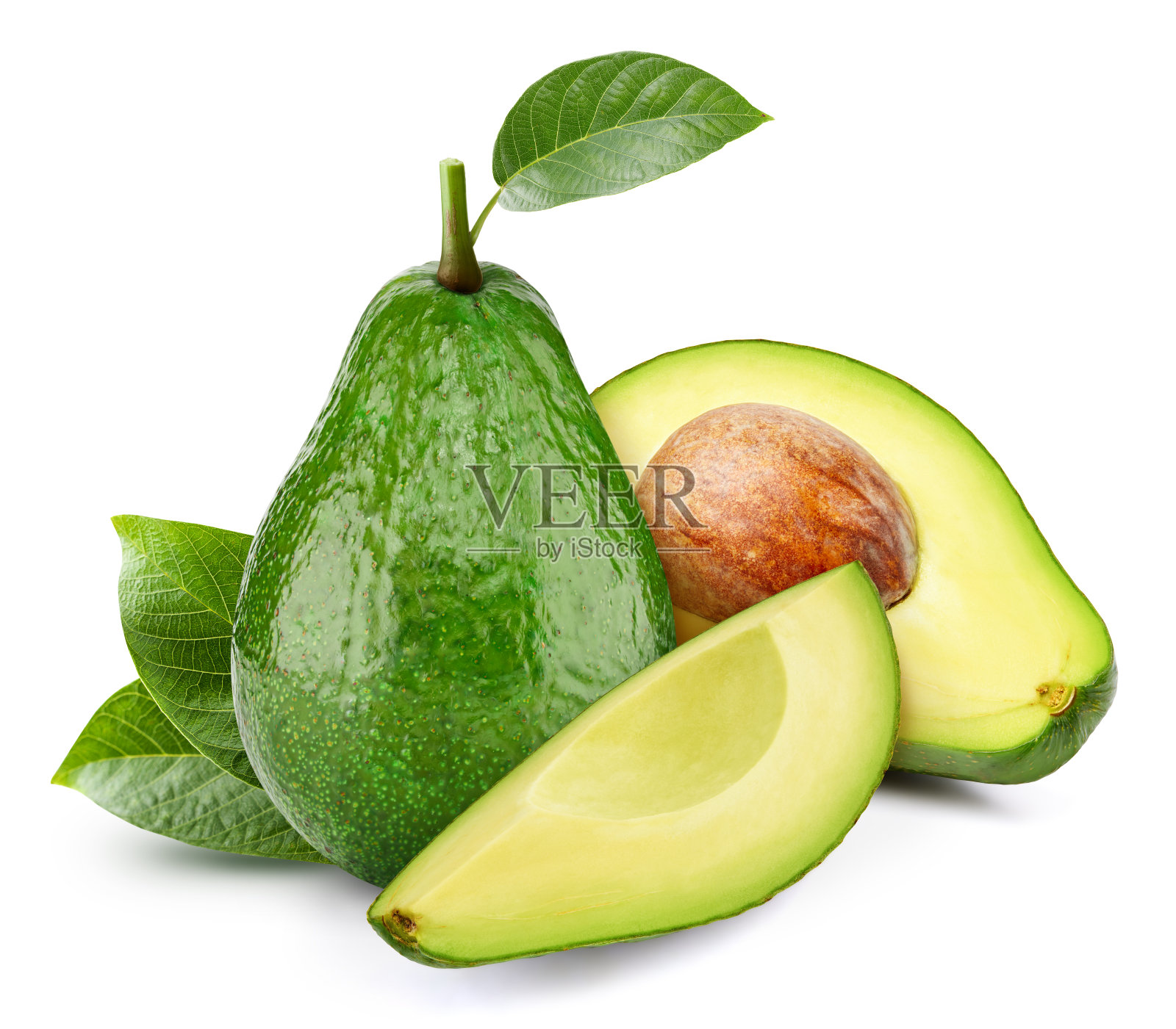 新鲜的有机牛油果，白色背景的叶子照片摄影图片