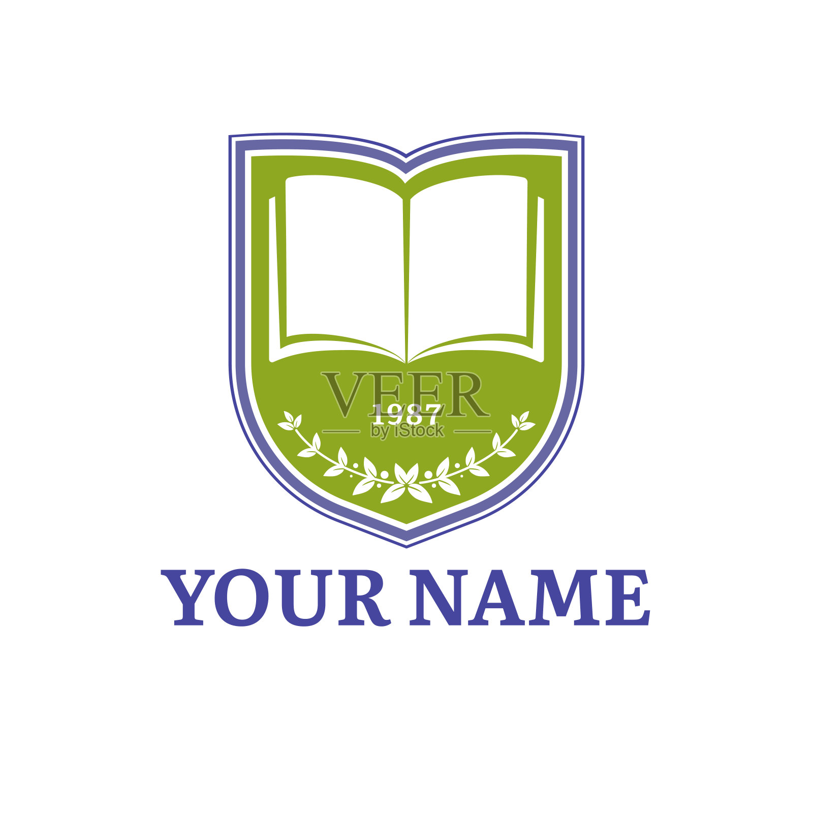 为大学、学院、中学、学院、图书馆、律师事务所设计矢量标志、品牌、印章概念。盾牌形状的标志与花环。孤立的标志设计在白色。插画图片素材