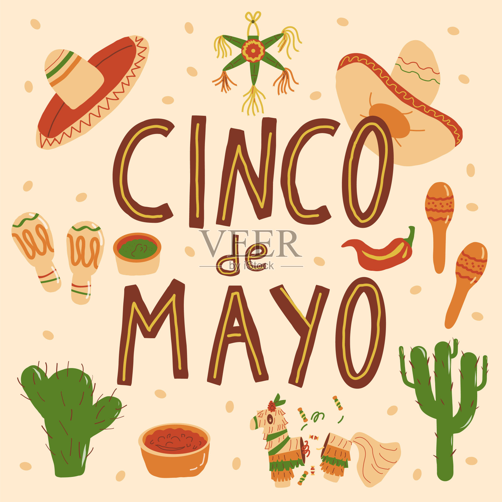 五月五日的社交媒体模板帖子。手绘文字和元素。墨西哥节日活动贺卡。矢量插图。插画图片素材