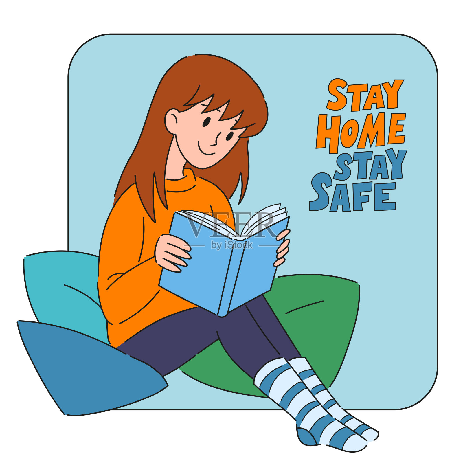 平面矢量插图的年轻女子坐在枕头和看书。插画图片素材