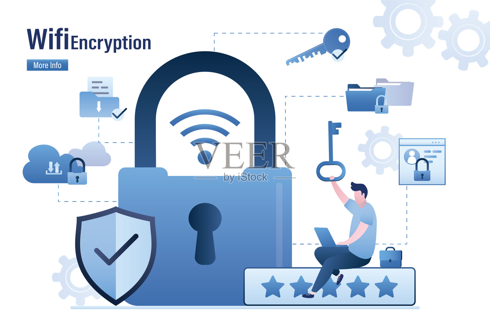 管理员或用户持有大键。Wifi加密，无线安全，互联网连接安全，网络保护，安全访问，密码加密。锁定和解锁网络接入插画图片素材