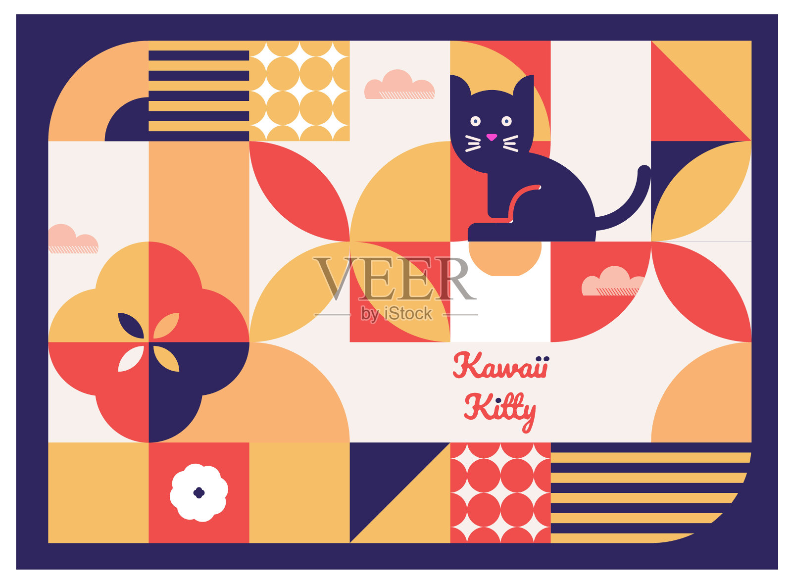 卡哇伊猫矢量插图微笑的小猫，可爱的圆脸猫插画图片素材