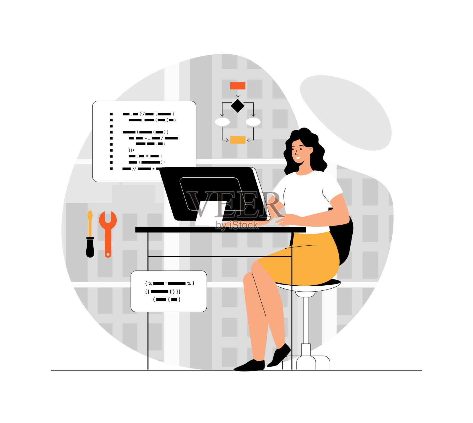 软件开发，编码技术和工程编程。女人开发代码，创建程序和应用程序。插图与人的场景在平面设计的网站和移动设备插画图片素材