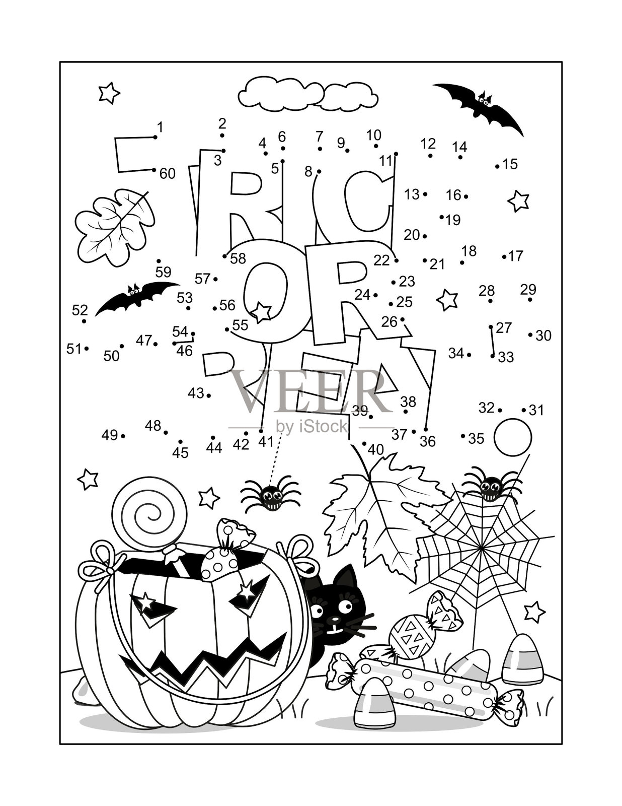 万圣节“不给糖就捣蛋!”问候点对点图片拼图和填色页，海报，招牌或横幅黑白活动单插画图片素材