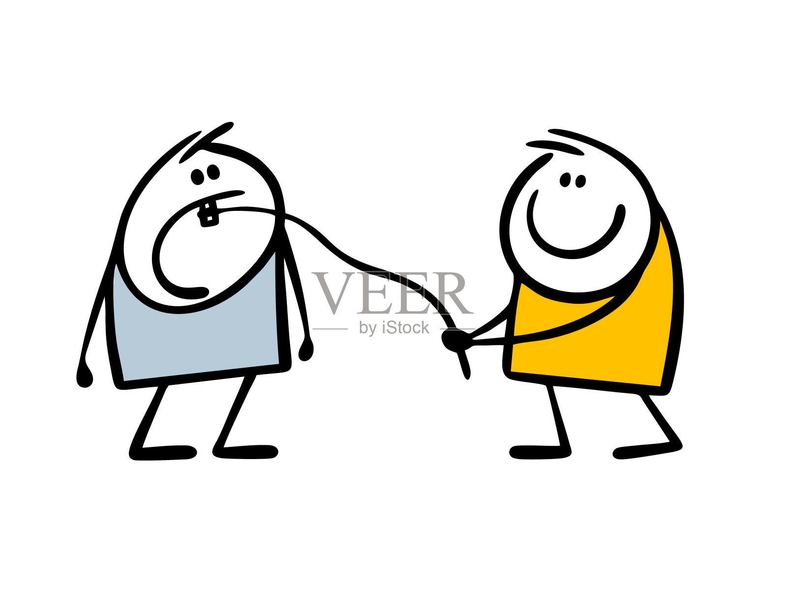 樵夫系了一根绳子，正在拉一根线，从张着的嘴里拔出一颗痛牙。矢量插图的朋友帮助和愈合。孤立的卡通人物在白色的背景。插画图片素材