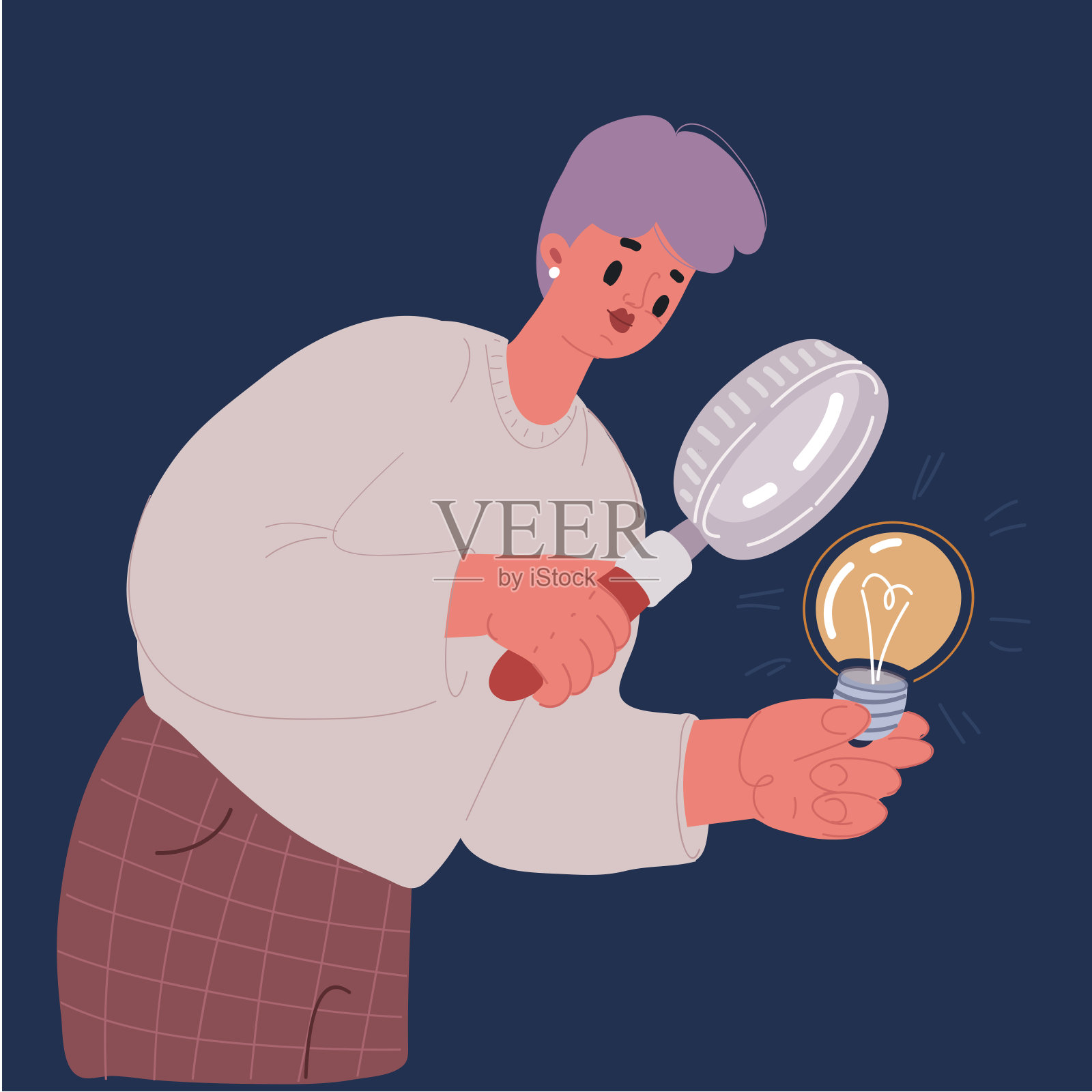 商业理念的卡通矢量插图。拿着灯泡的员工。创意女性寻找解决方案，用电灯泡解决问题。快乐管理者与创新。插画图片素材