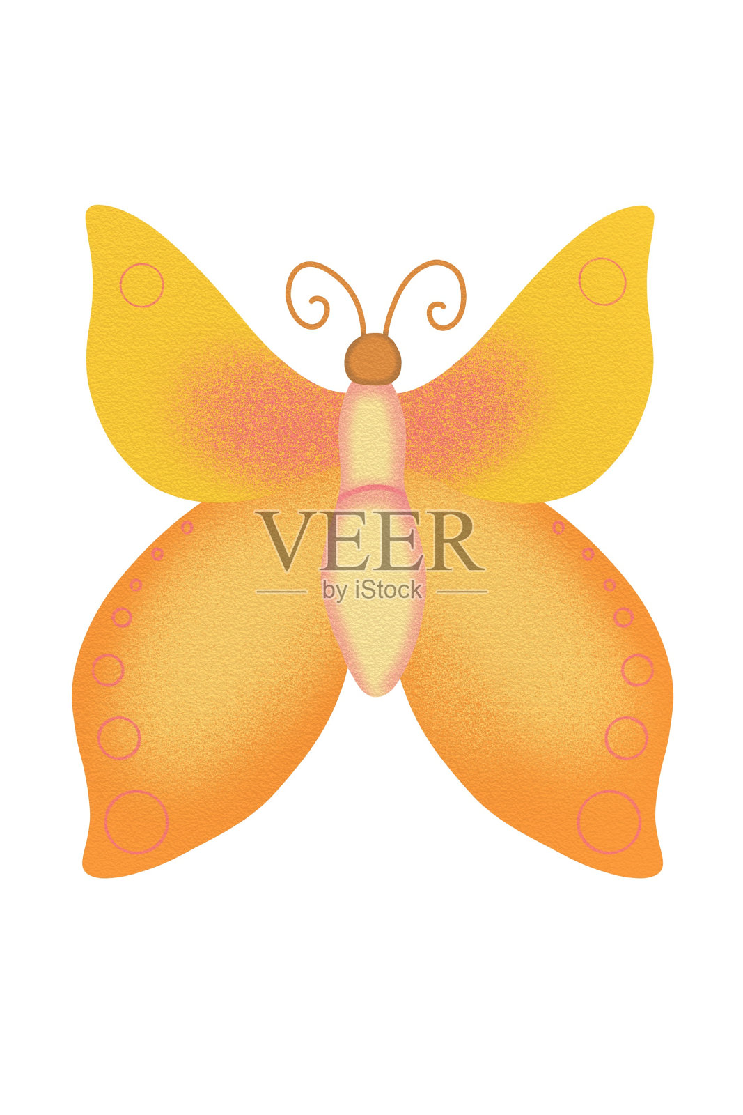 黄色可爱的小蝴蝶昆虫。彩色数字插图在平面风格，手绘孤立在一个白色的背景。插画图片素材