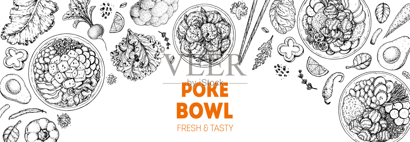 戳碗框架。夏威夷食物俯视图矢量插图。食品菜单设计模板。手绘草图。复古风格。插画图片素材