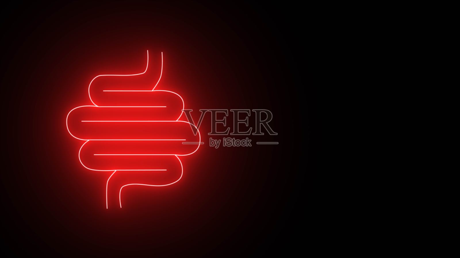 霓虹灯发光的内脏人类图标。红色霓虹灯健康消化标志黑色背景，健康的消化系统贴纸。肠炎图示，便秘，肠阑尾炎。照片摄影图片