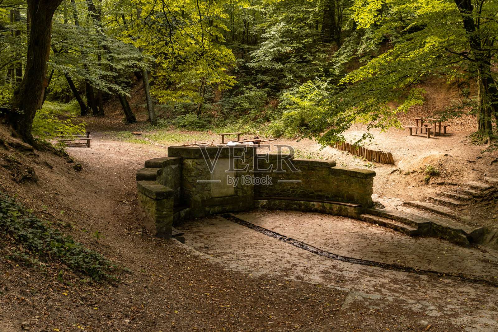 还有树林里的休息区和泉水照片摄影图片