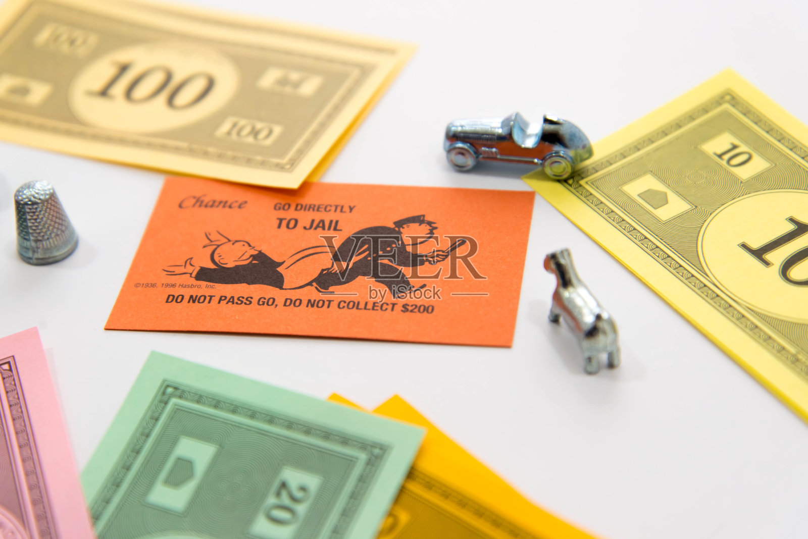 大富翁棋子和直接去监狱卡照片摄影图片