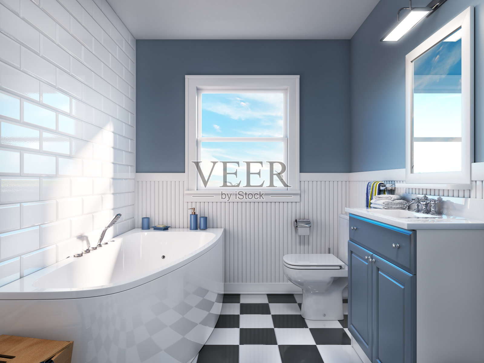 美式风格的浴室内部，蓝色墙壁和方格地板。三维演示照片摄影图片