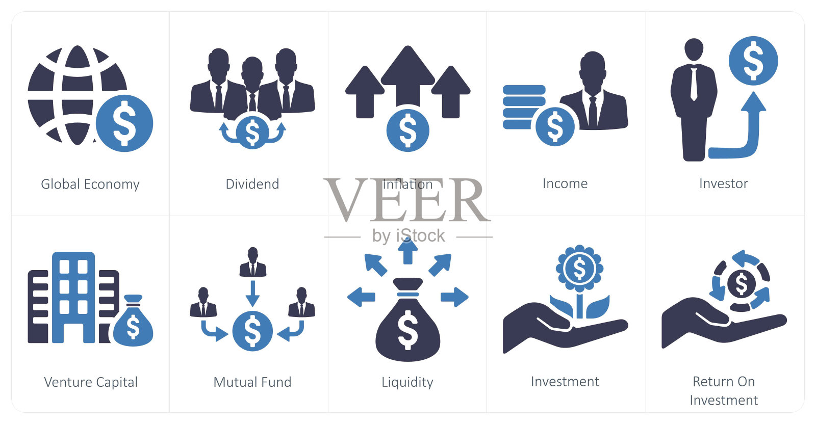 一套10个投资图标，如全球经济，股息，通货膨胀插画图片素材