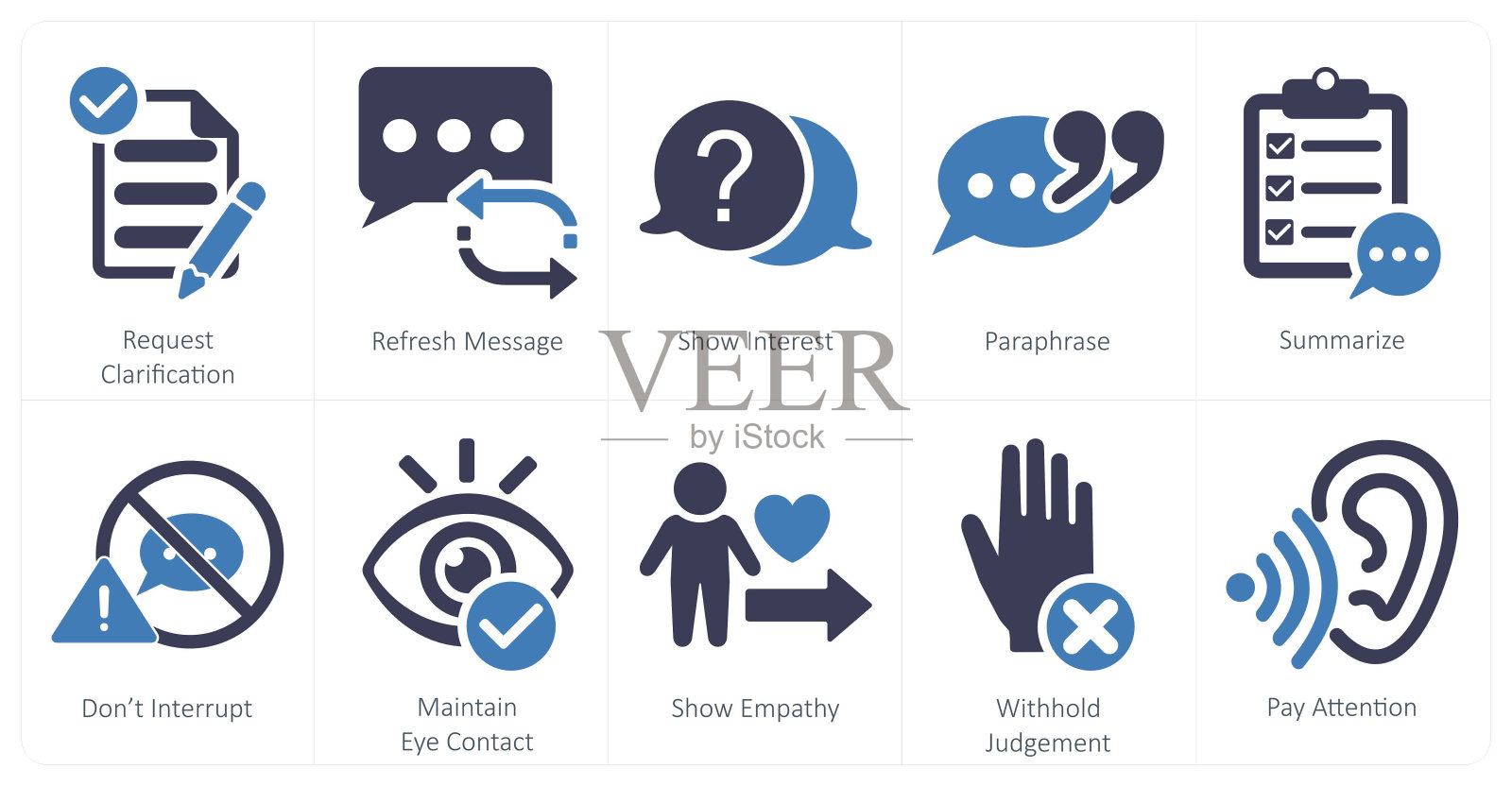 一组10个主动收听图标，如请求澄清，刷新消息，显示兴趣插画图片素材