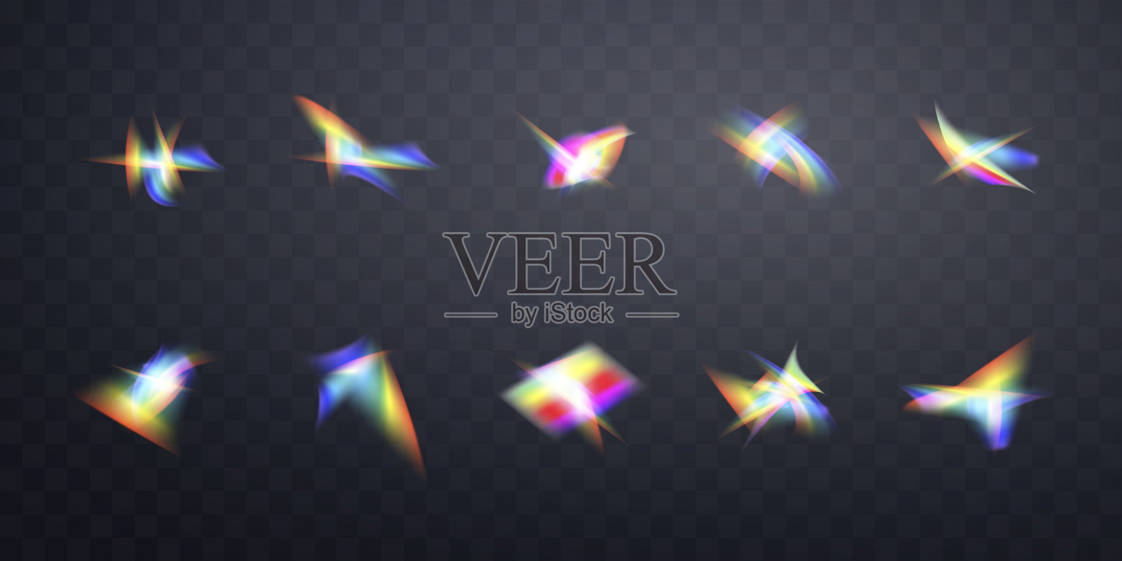 模糊彩虹折射叠加效果集。光透镜对背景的棱镜效应。全息反射，水晶耀斑泄漏阴影叠加。矢量抽象插图。插画图片素材