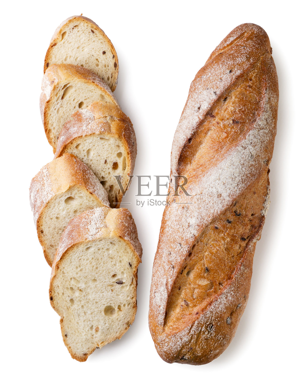 面包和长条面包切块特写就白了。俯视图照片摄影图片