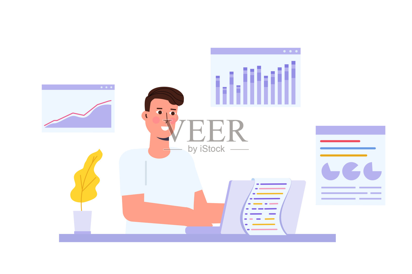 数据科学家概念。商务专业人士在会议上讨论数据分析研究，并利用图表和显示器上的仪表板合作编写报告。矢量插图。插画图片素材