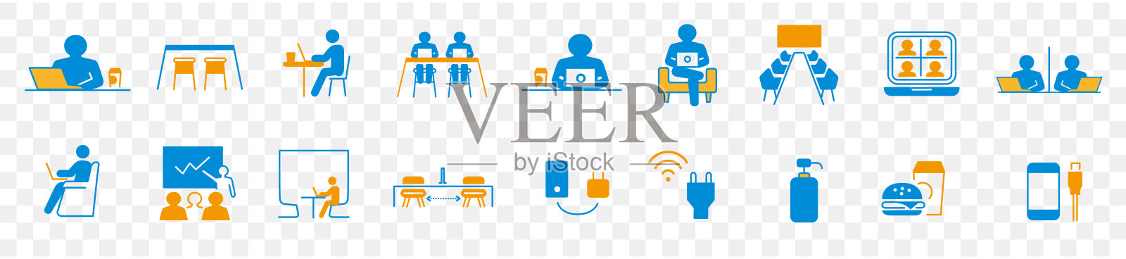 联合办公空间线路图标集。包括图标作为同事，共同工作，共享办公室，企业，公司，工作和更多。插画图片素材