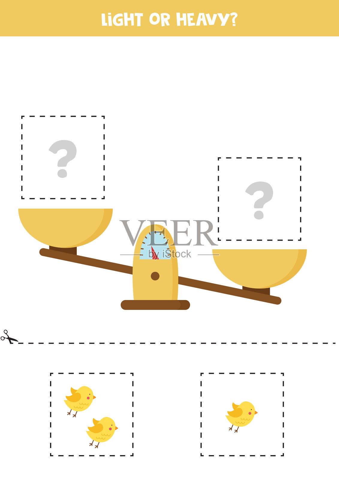 轻的，重的或相等的把下面的图片剪下来，粘到右边的盒子上。插画图片素材
