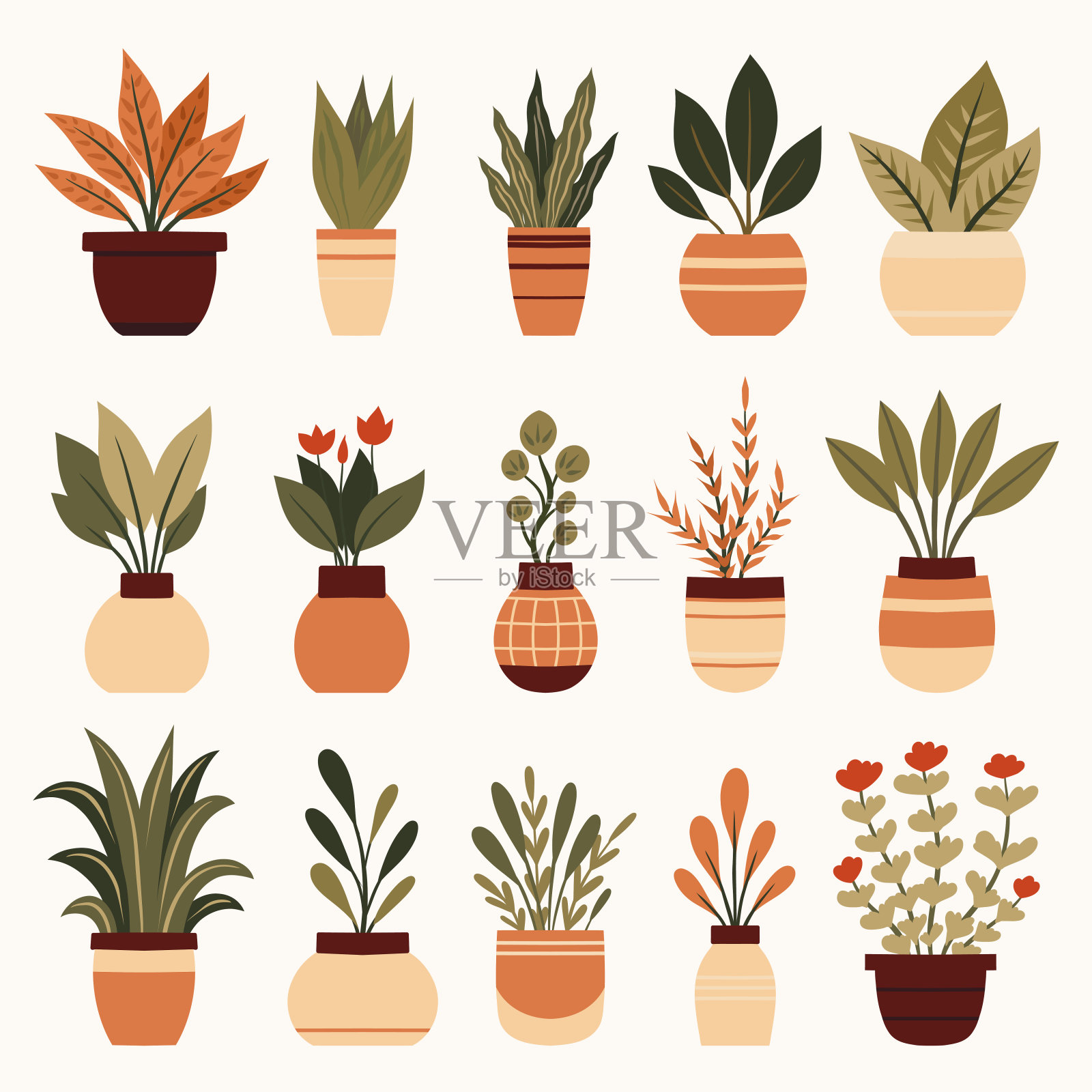 矢量集的各种植物在花瓶剪贴画。收藏在花盆里的花，用于家庭装饰。容器中的绿色植物。自然设计元素插画图片素材