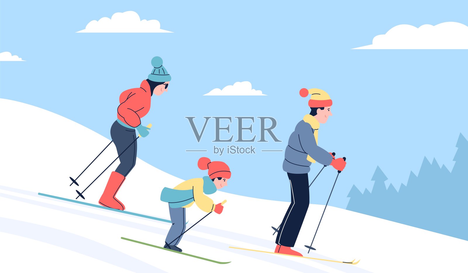 一家人在滑雪场滑雪。和孩子和父母一起过寒假。年轻的滑雪者，人们一起从雪山上滑下。季节性休息最近矢量场景插画图片素材