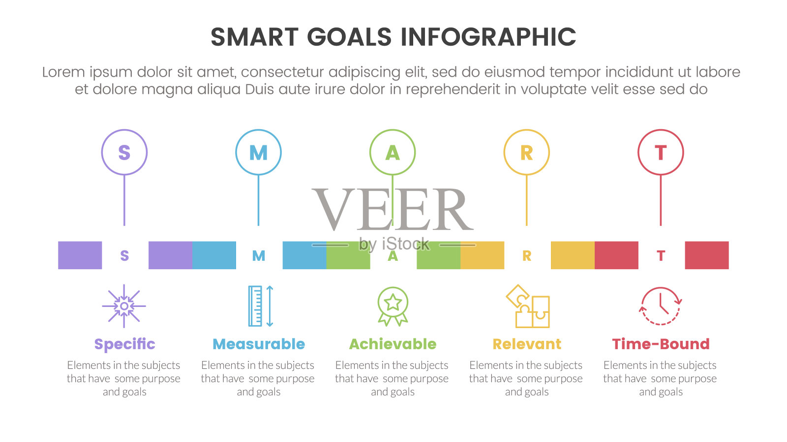 SMART目标设置框架信息图与时间轴矩形框和轮廓圆点与5步点幻灯片演示插画图片素材