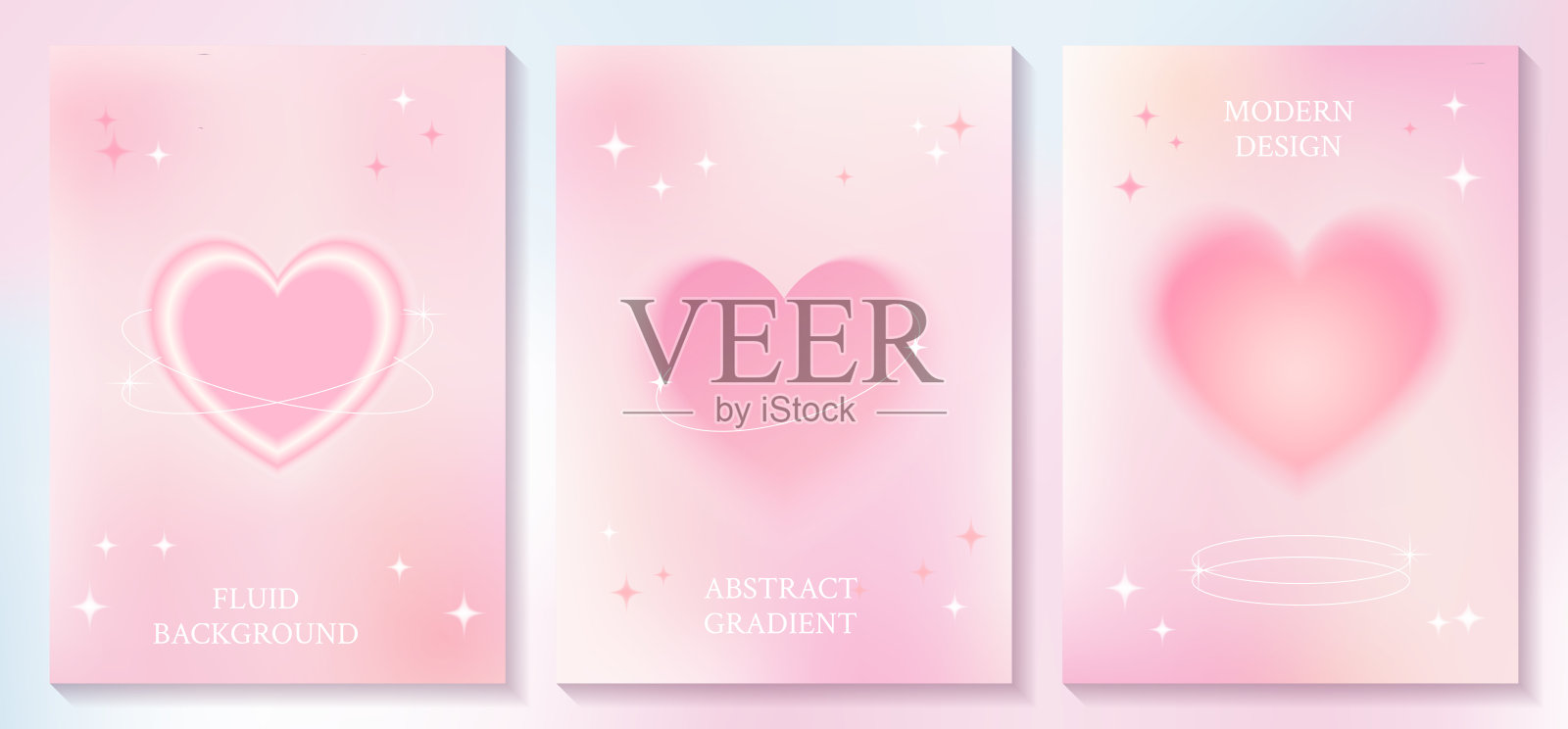 一组抽象的流体粉彩粉色背景，渐变模糊的心和星星，时尚的最小模板与野蛮主义几何形状的卡片，横幅，海报，封面设计。插画图片素材