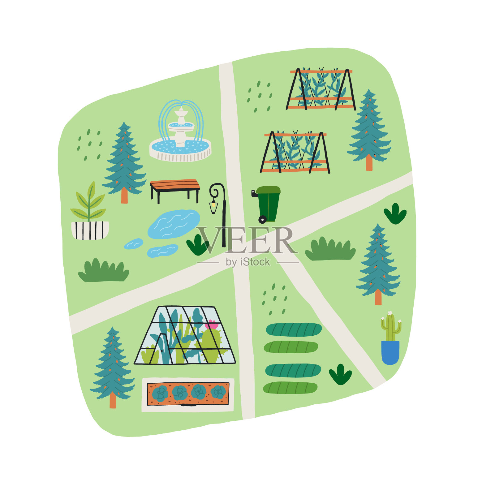 手绘自然花园绿化可爱的地图插画图片素材