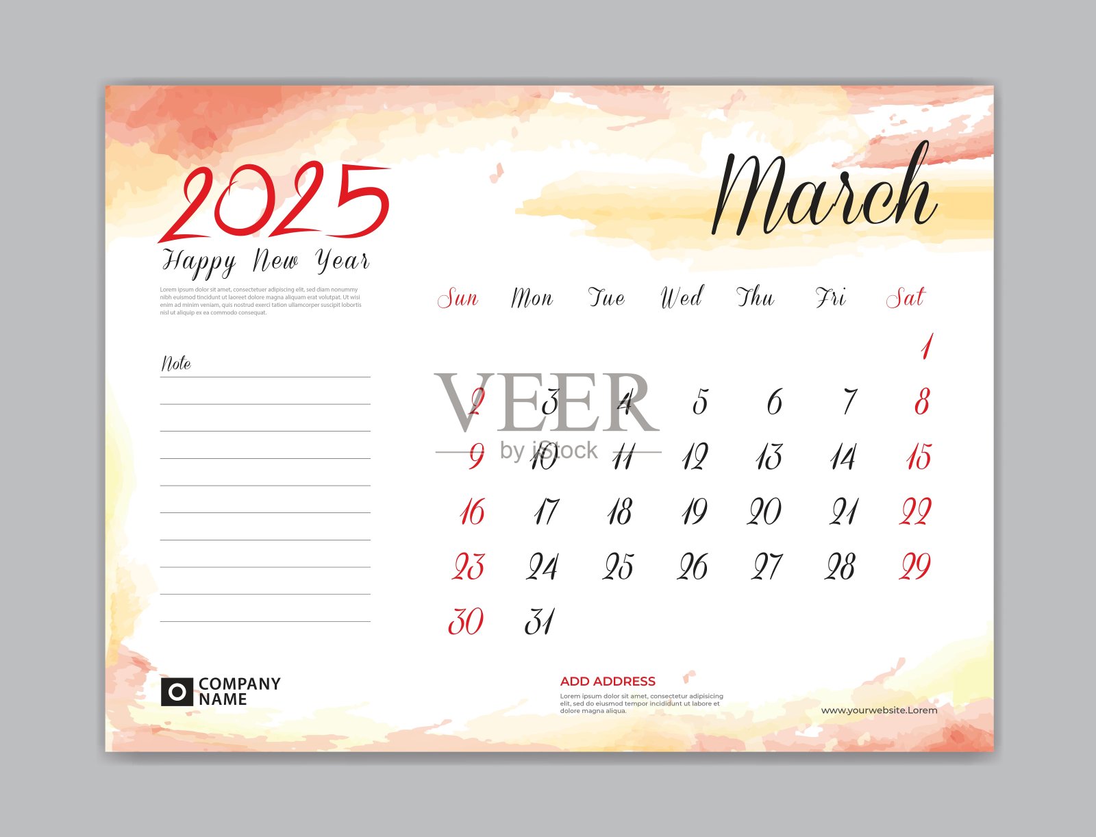 日历2025模板，桌面日历2025模板，2025年3月，周日开始，墙上日历，规划师，文具，打印模板，组织者办公室，红色水彩背景，矢量插画图片素材