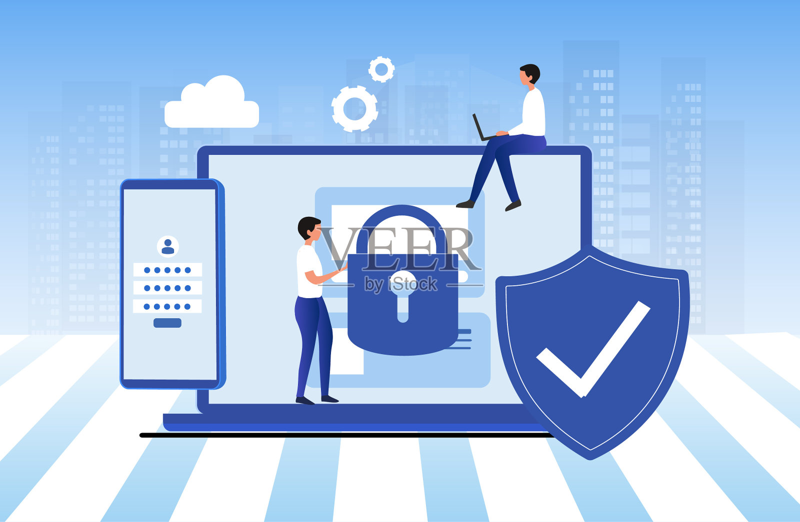 网络安全和数据隐私保护，PDPA概念。商人安全的数据管理和保护数据免受黑客攻击和挂锁图标，以互联网技术联网矢量说明插画图片素材