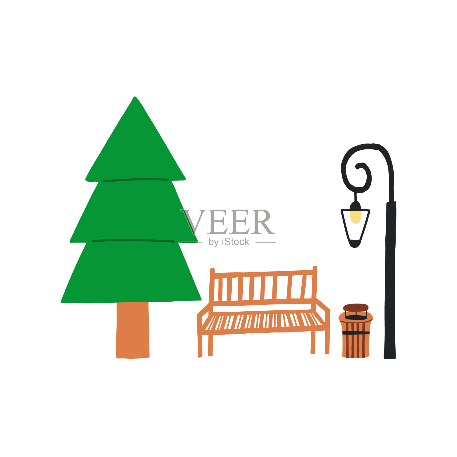 手绘树公园长椅和灯笼插画图片素材