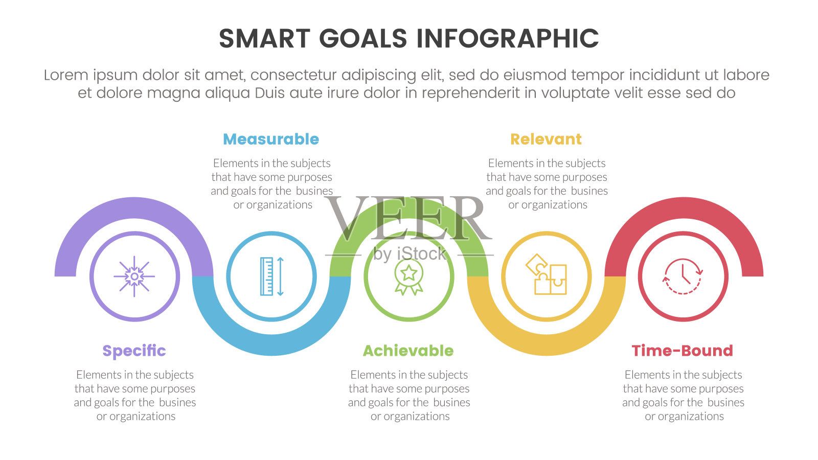 SMART目标设置框架信息图与时间轴圈上下水平与5个步骤点幻灯片演示插画图片素材