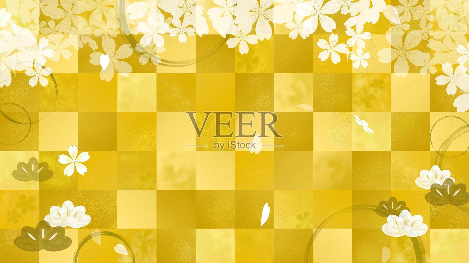 日本风格的背景材料，梅花和松树，樱花花瓣落在金叶上。插画图片素材