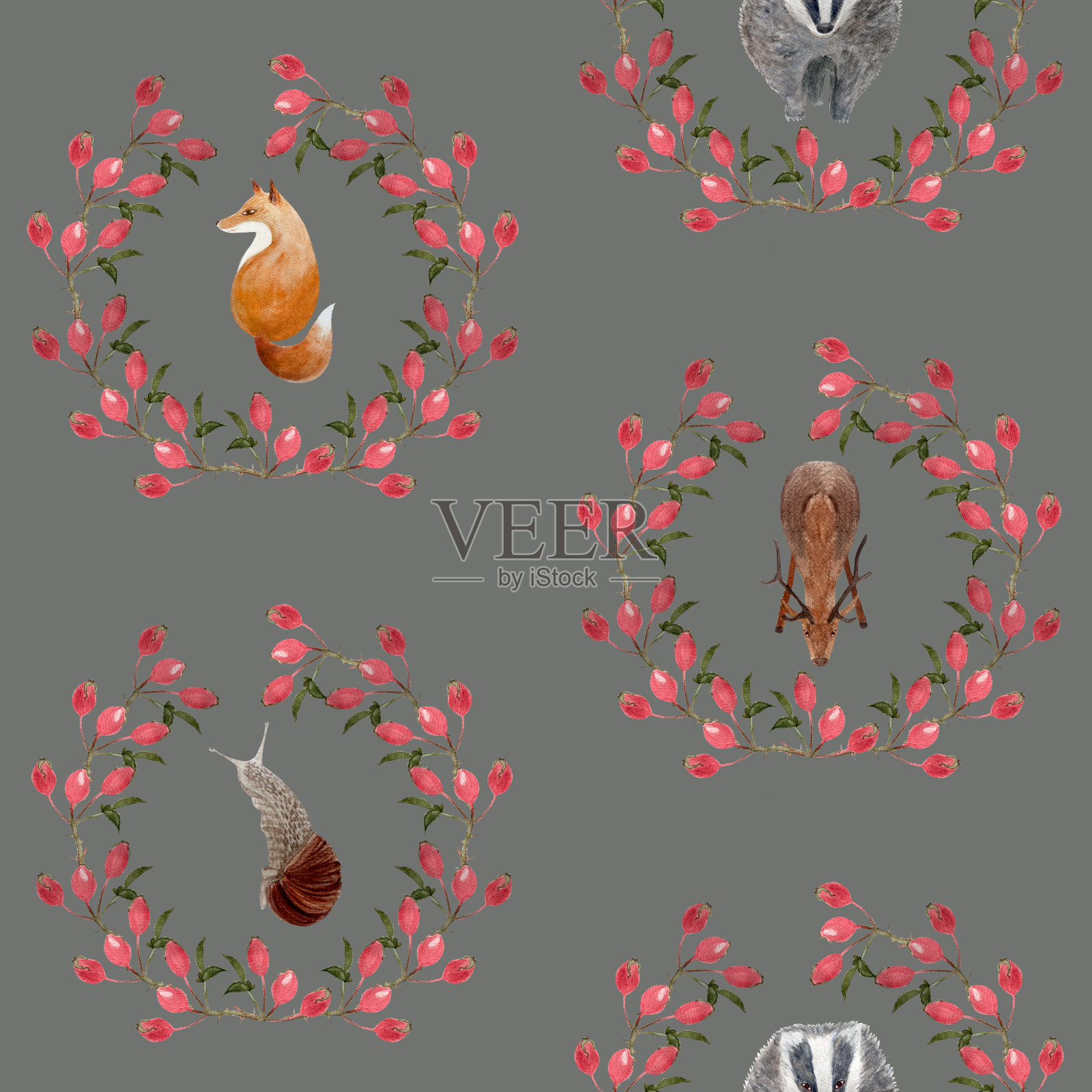 雄鹿，狐狸，獾，蜗牛玫瑰臀花环水彩无缝图案灰色插画图片素材