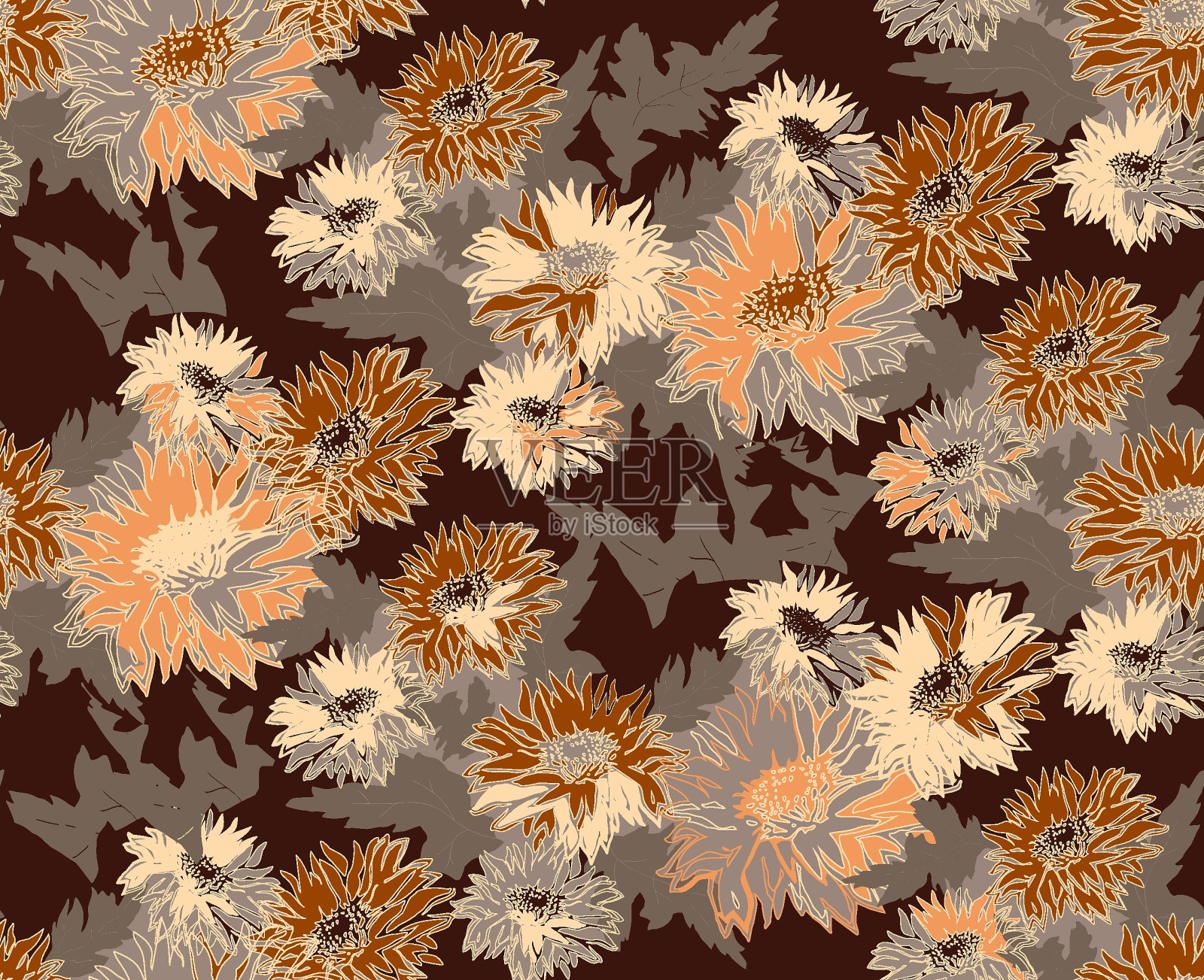 现代矢量菊在大地色调的花朵无缝图案。插画图片素材