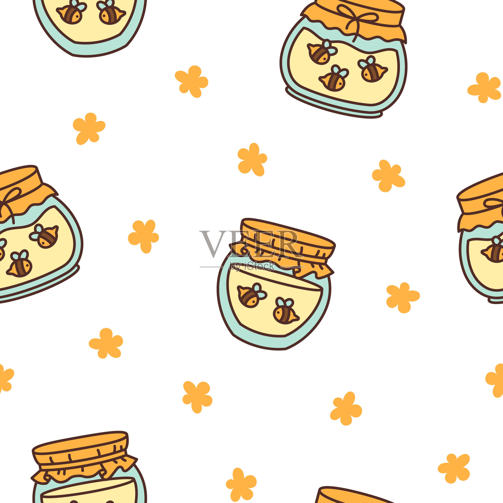 装满蜂蜜的玻璃罐。无缝模式。蜜蜂和木制蜜罐。打开罐子。手绘风格。矢量图。设计的饰品。插画图片素材