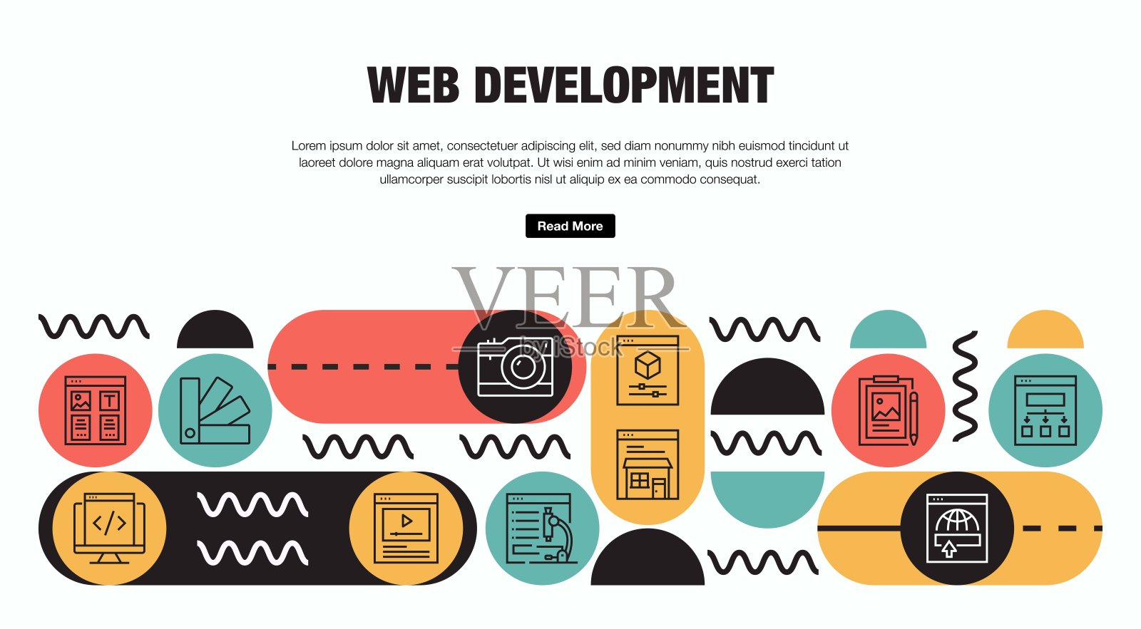 Web开发相关的矢量横幅设计概念。全局多球体随时可用的模板。网页横幅，网站标题，杂志，移动应用程序等。现代设计。插画图片素材