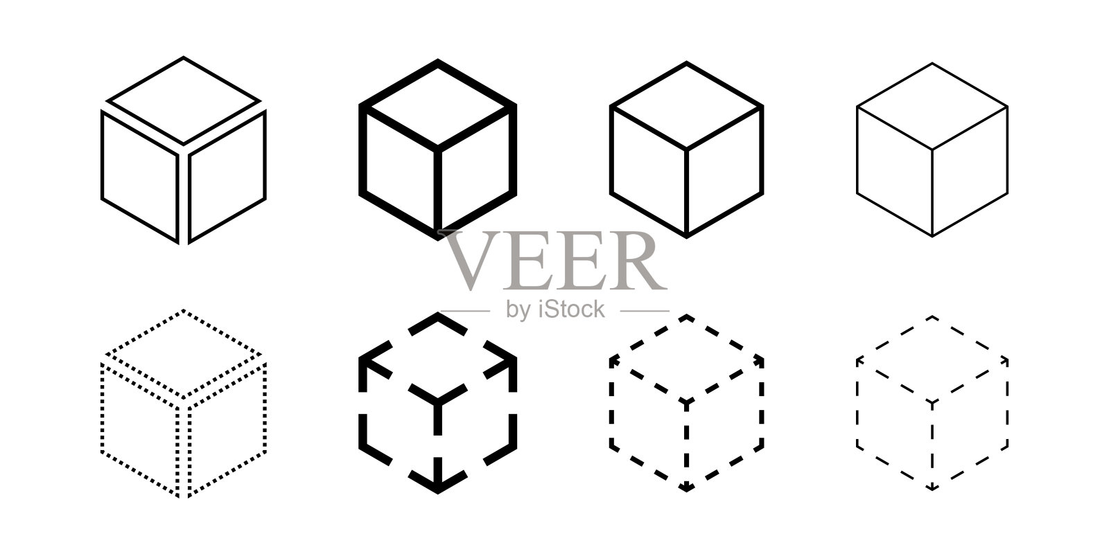等距抽象立方体矢量图标集。几何块，盒或砖标志。虚线、虚线、轮廓、实体插图。线框3d标志。方形立体框架。插画图片素材