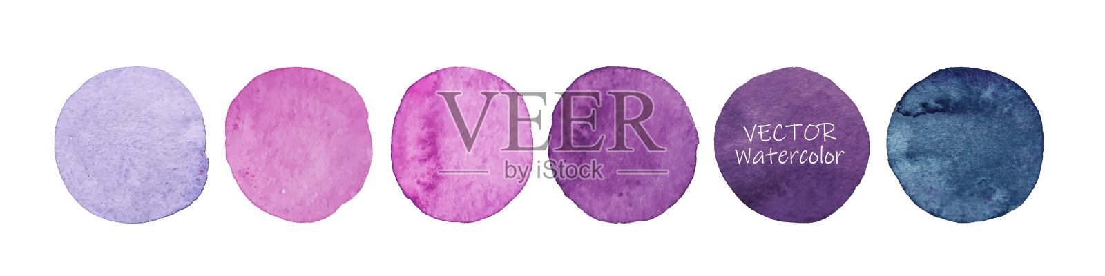 套丁香水彩点。手绘点在白色的背景。圆的,圆。孤立。不同颜色的斑点。抽象的艺术背景。水彩调色板与柔和的颜色插画图片素材