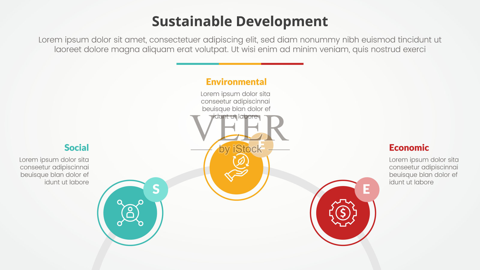 SEE可持续发展信息图表概念幻灯片演示，圆形轮廓连接圆形在半圆上，3点列表，平面风格插画图片素材