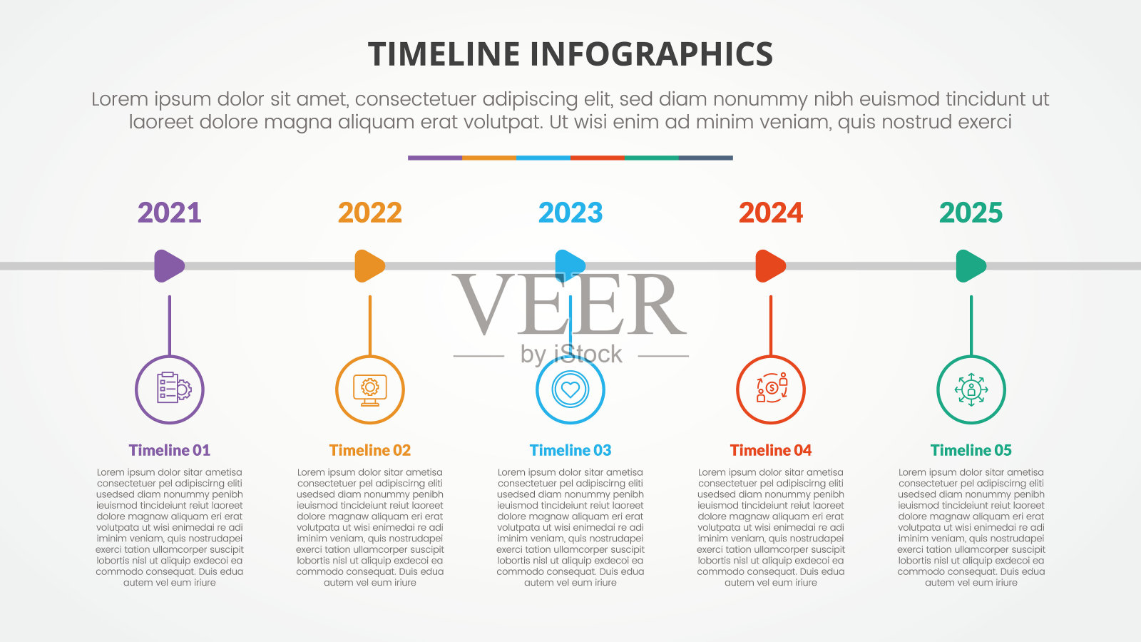 时间轴里程碑信息图概念与轮廓圆箭头形状正确的方向幻灯片演示与5点列表插画图片素材